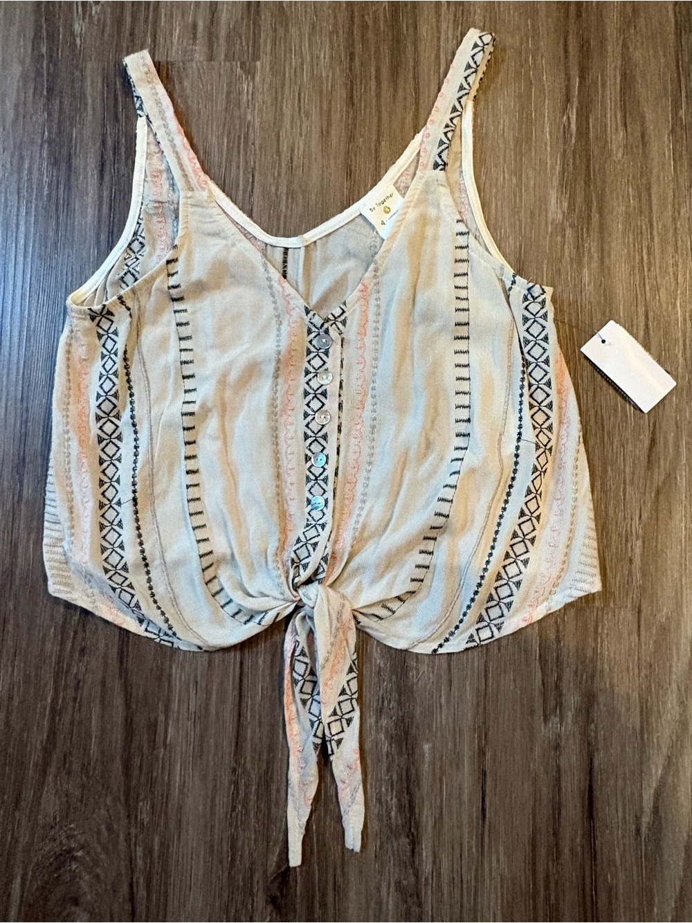 By Together Light Beige Striped Tie-Front Tank Top - Women